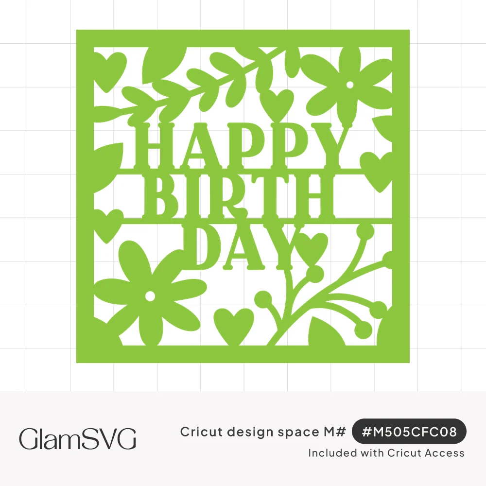Green square papercut panel with Happy Birthday lettering surrounded by daisies, leafy branches, berries and hearts
