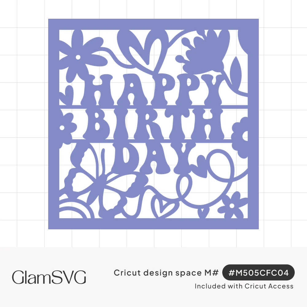 Square lavender papercut panel reading Happy Birthday in groovy letters surrounded by flowers, a butterfly, hearts and swirls