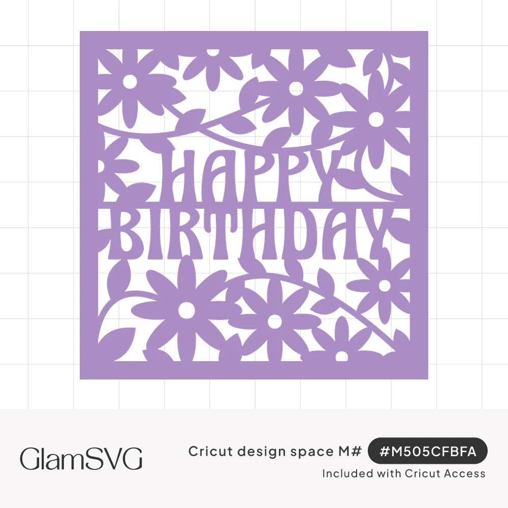 Lavender square papercut panel with groovy Happy Birthday lettering surrounded by daisies, leaves and vines