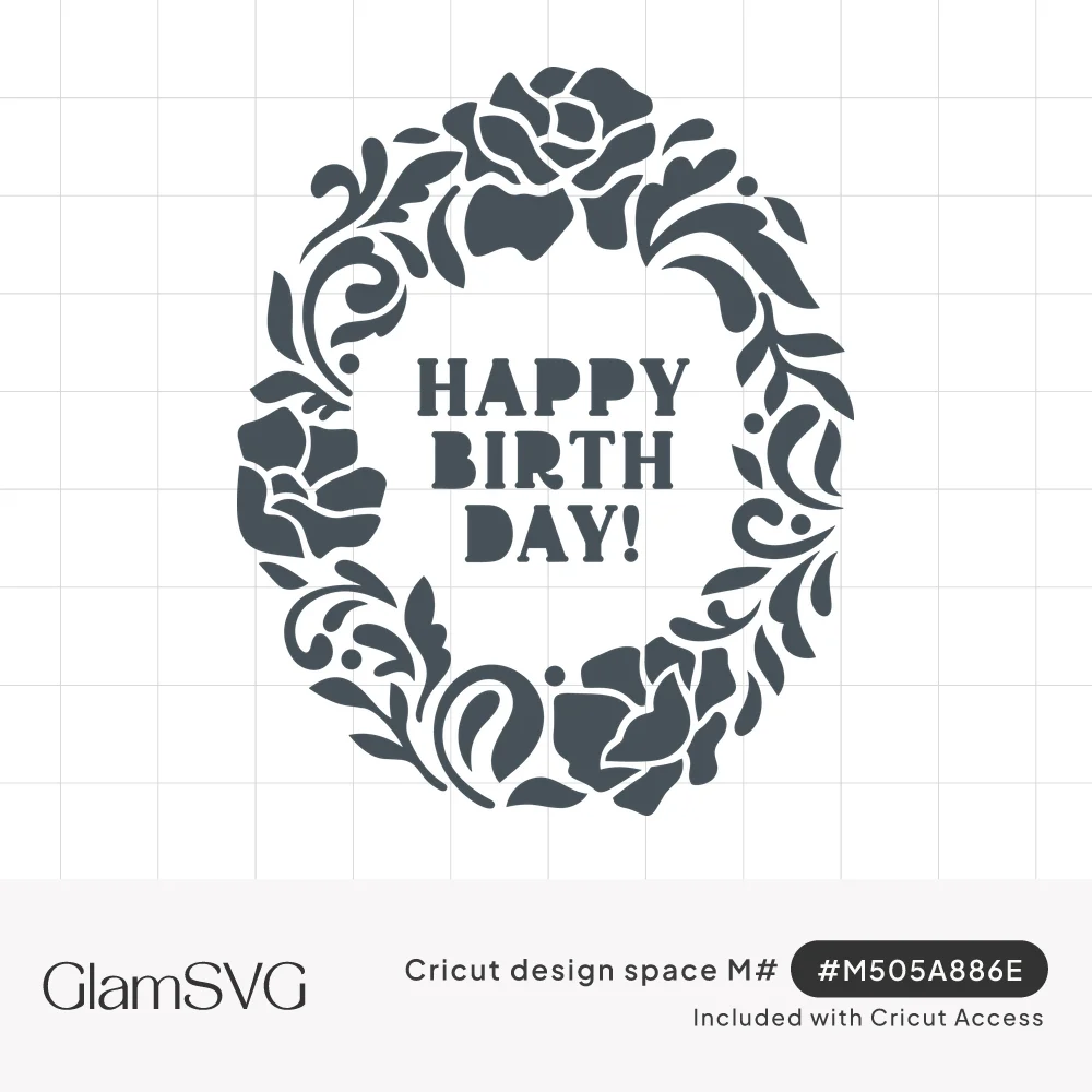 Happy Birthday lettering in bold serif type inside an oval wreath of roses, leaves and decorative swirls