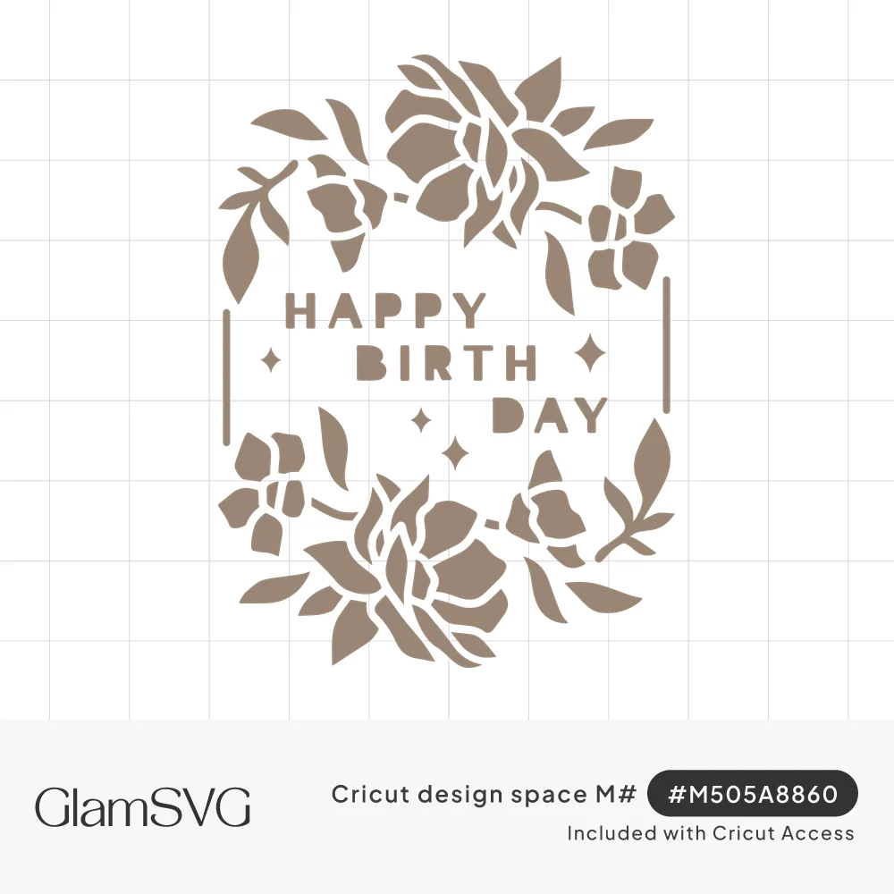 Happy Birthday block lettering framed by cutout peony blooms, leaves and small sparkles in a taupe oval floral frame