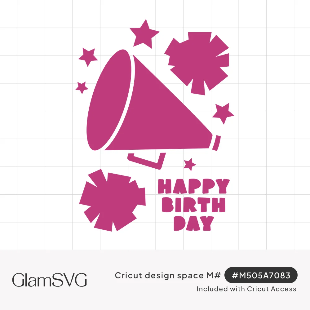 Pink cheerleading megaphone, two pom-poms and stars with bold Happy Birth Day lettering in a solid single-color design