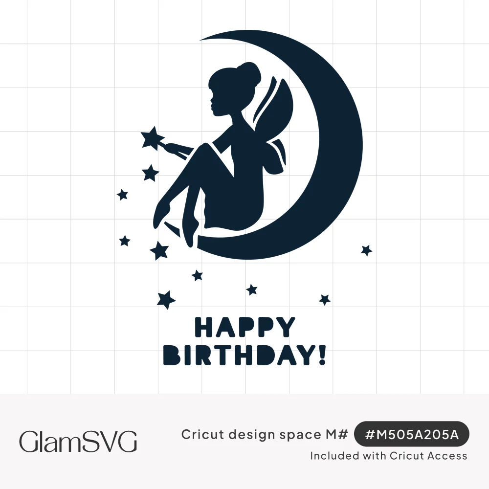Silhouette of a fairy with a wand sitting on a crescent moon among stars above bold Happy Birthday text