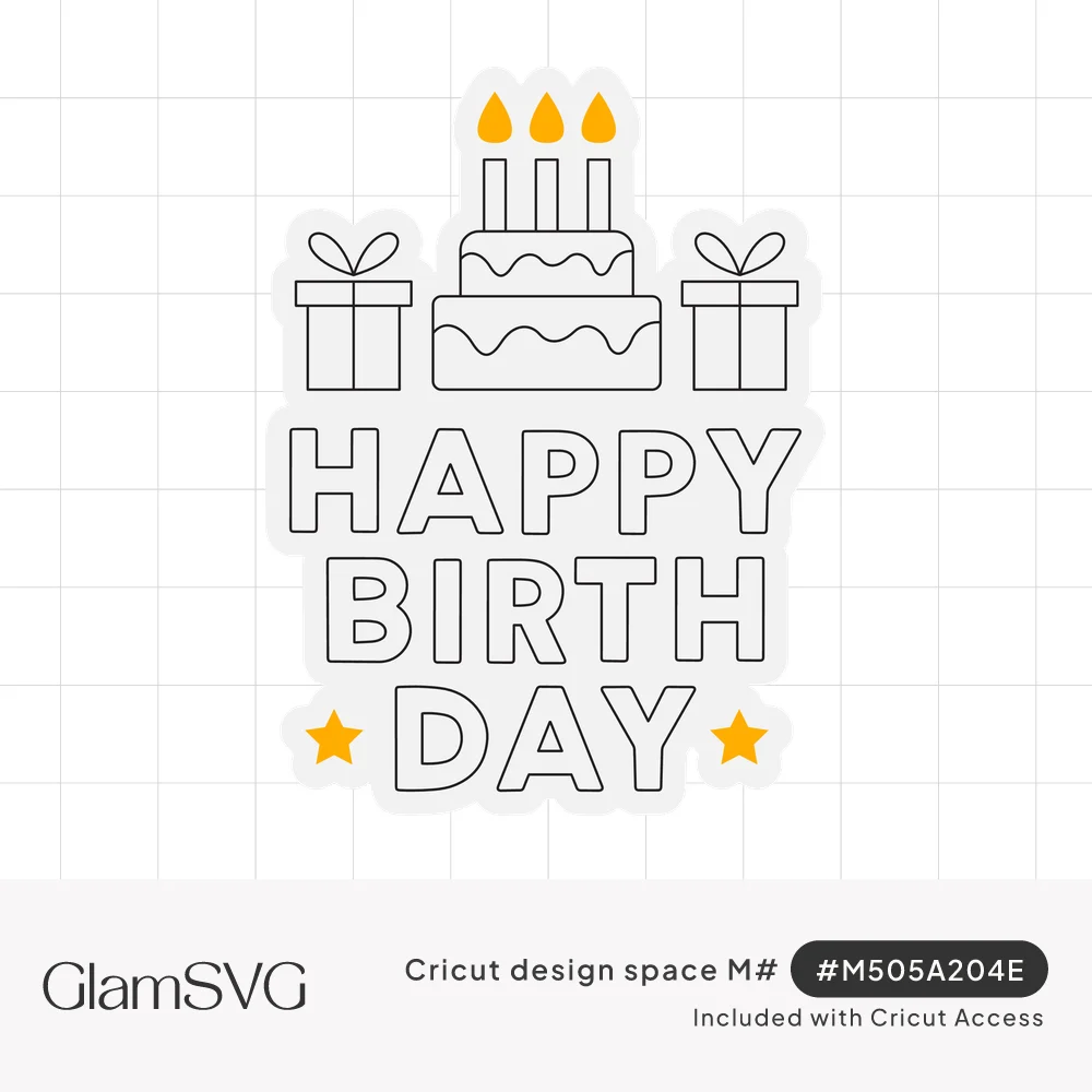 Outlined birthday cake with three orange candle flames, two gift boxes, Happy Birthday block letters and two orange stars