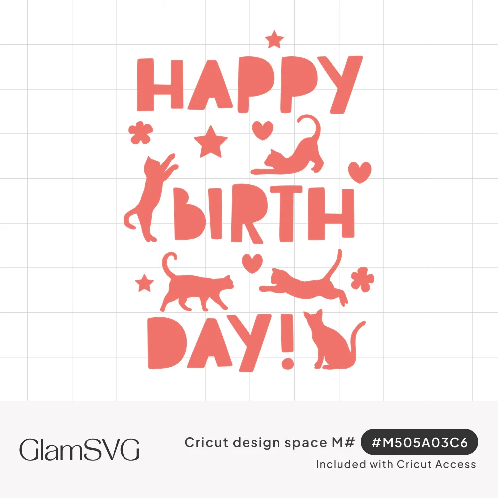 Coral Happy Birthday lettering with playful cat silhouettes, hearts, stars and flowers scattered around the words