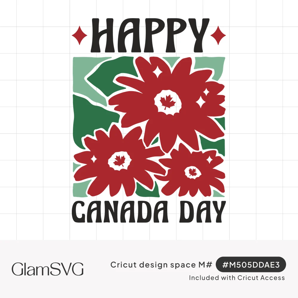 Happy Canada Day lettering above and below red flowers with maple leaf centers on a green leafy square with sparkles