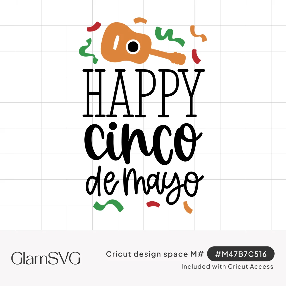 Happy Cinco de Mayo lettering in serif and script with an orange guitar and red, green and orange confetti