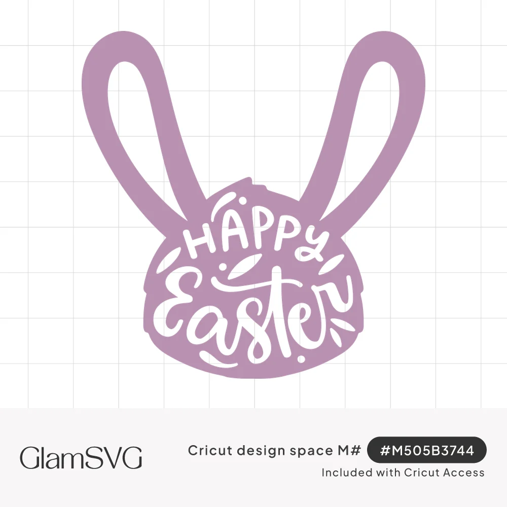 Lavender bunny head silhouette with tall ears and Happy Easter in white hand lettering cut out of the center