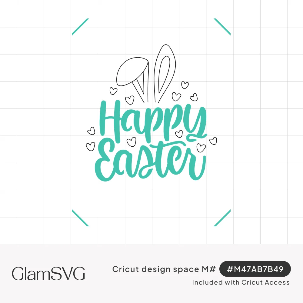 Teal script Happy Easter lettering under outlined bunny ears with small scattered hearts and the year 2023 below