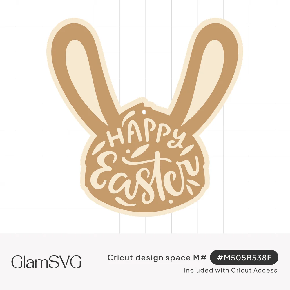 Tan and cream bunny head gift tag with tall ears and hand-lettered Happy Easter text inside