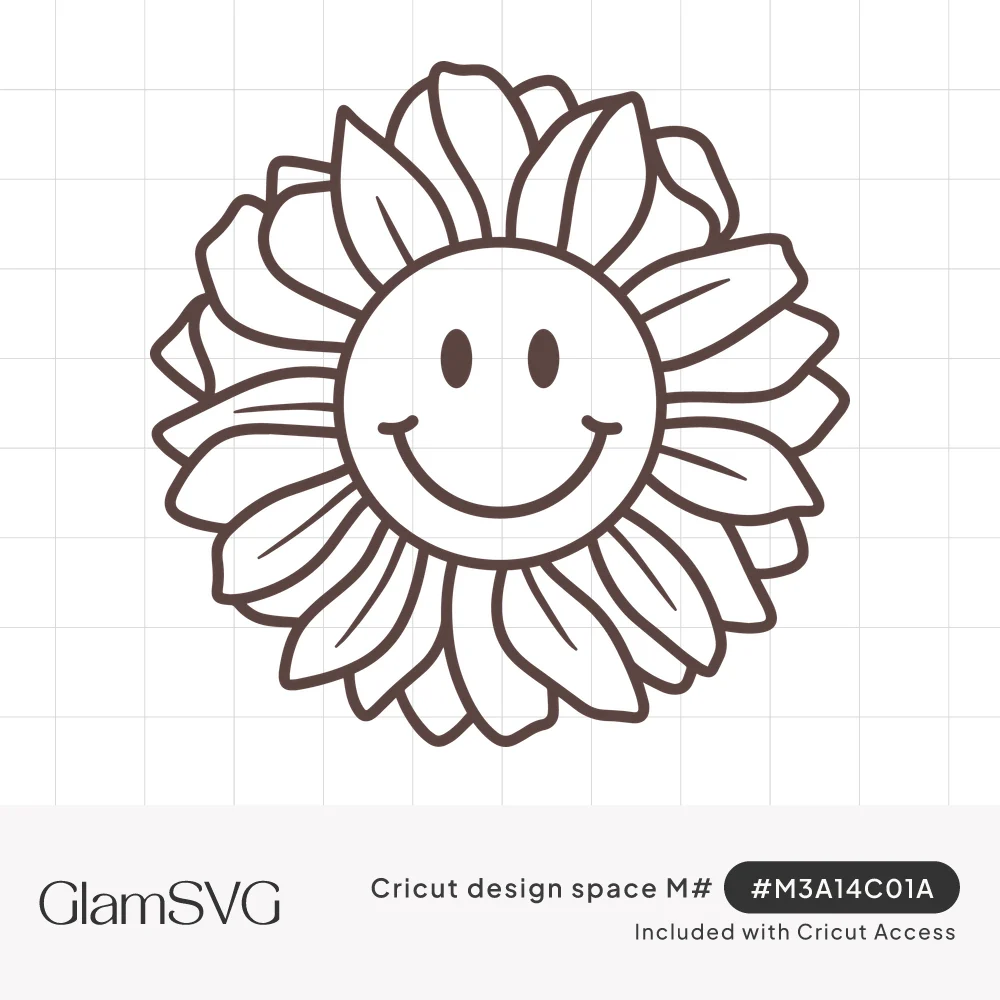 Outlined sunflower with layered rounded petals and a smiling happy face in the center, drawn in bold brown lines