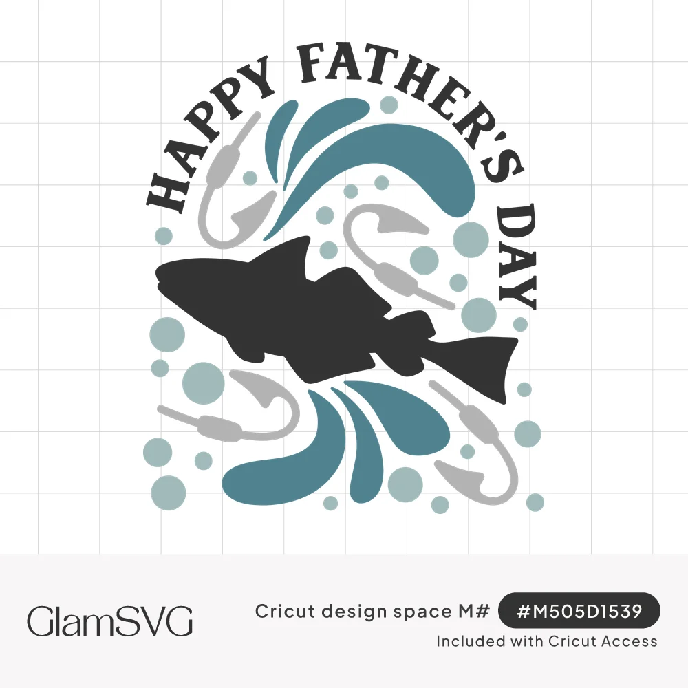 Arched Happy Father's Day text over a dark fish silhouette with teal water splashes, bubbles and gray fishing hooks