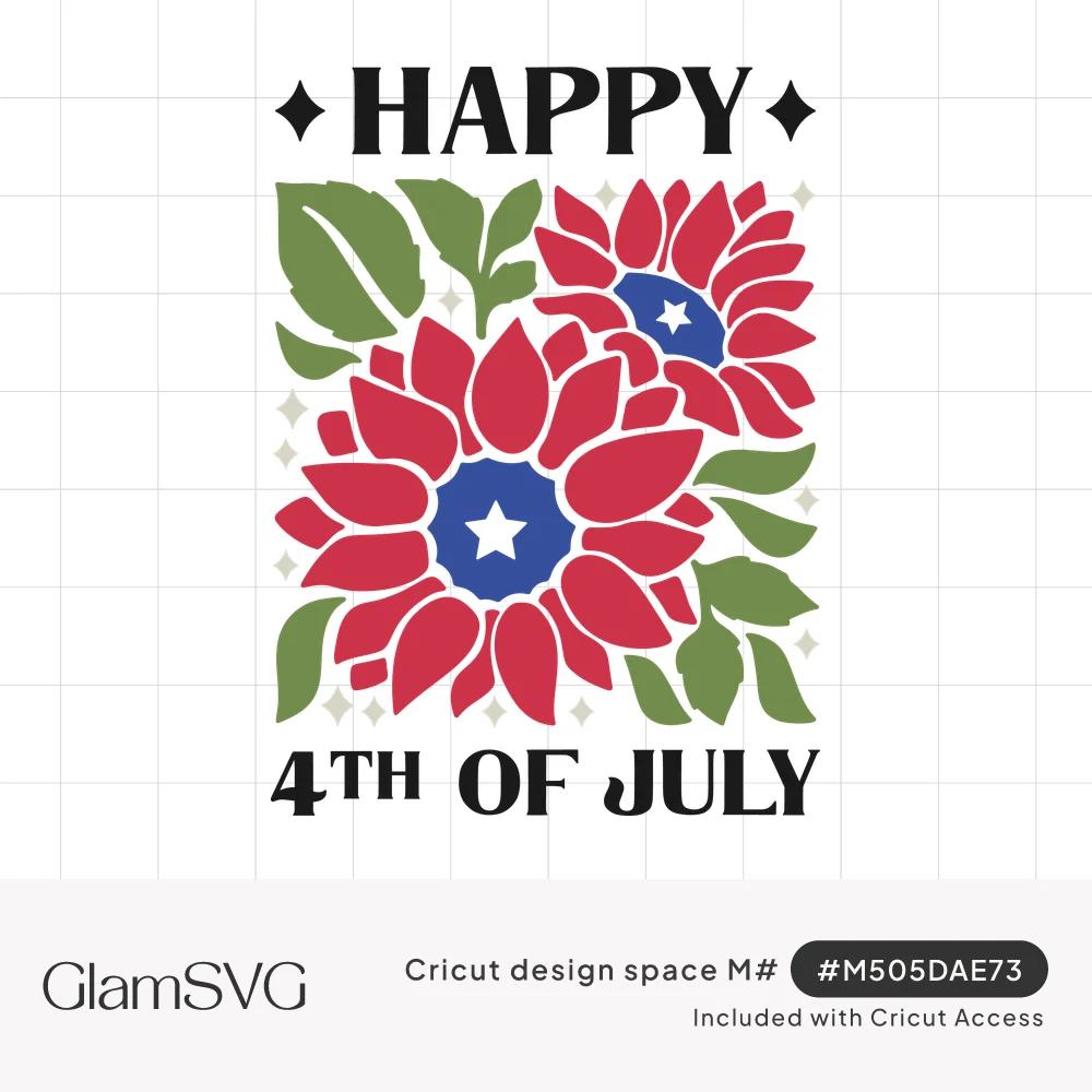 Red sunflowers with blue star centers and green leaves framed by bold Happy 4th of July lettering and small sparkles