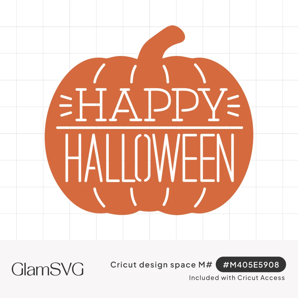 Orange pumpkin silhouette with Happy Halloween stencil lettering and dashed rib lines cut out of it
