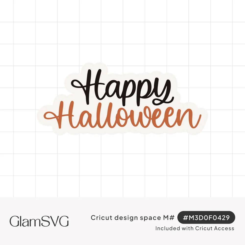 Happy Halloween in flowing script, Happy in black and Halloween in orange, on a soft white offset background
