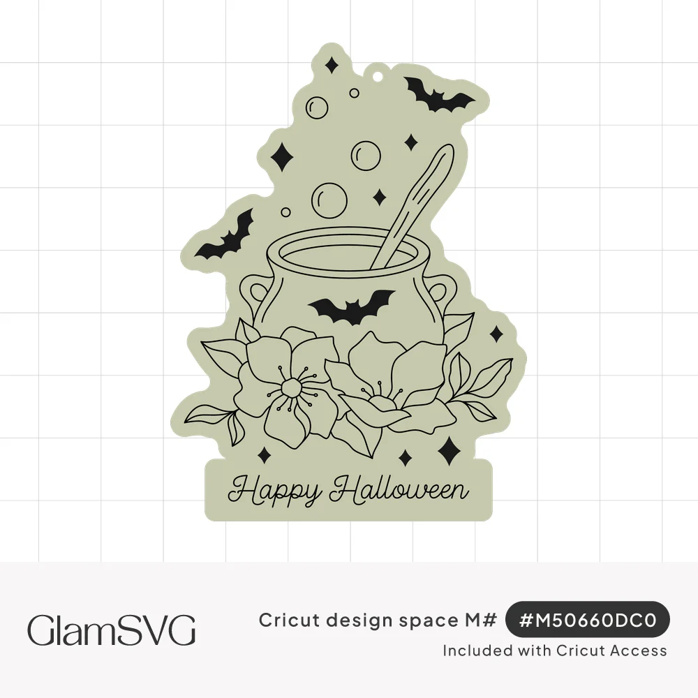 Sage green tag with black line art of a bubbling cauldron, bats, sparkles, flowers and a Happy Halloween script banner