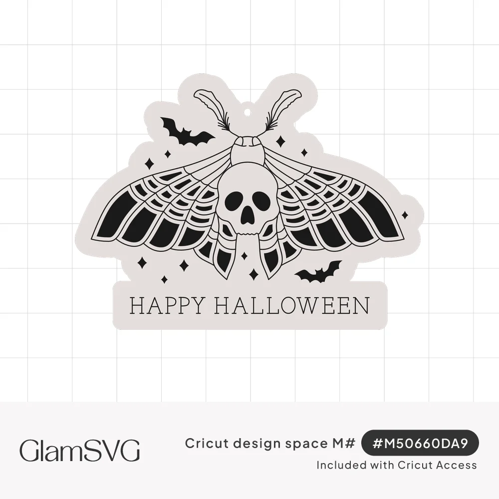 Death's head moth with a skull on its back, bats and sparkles above a script Happy Halloween banner, shaped as an ornament