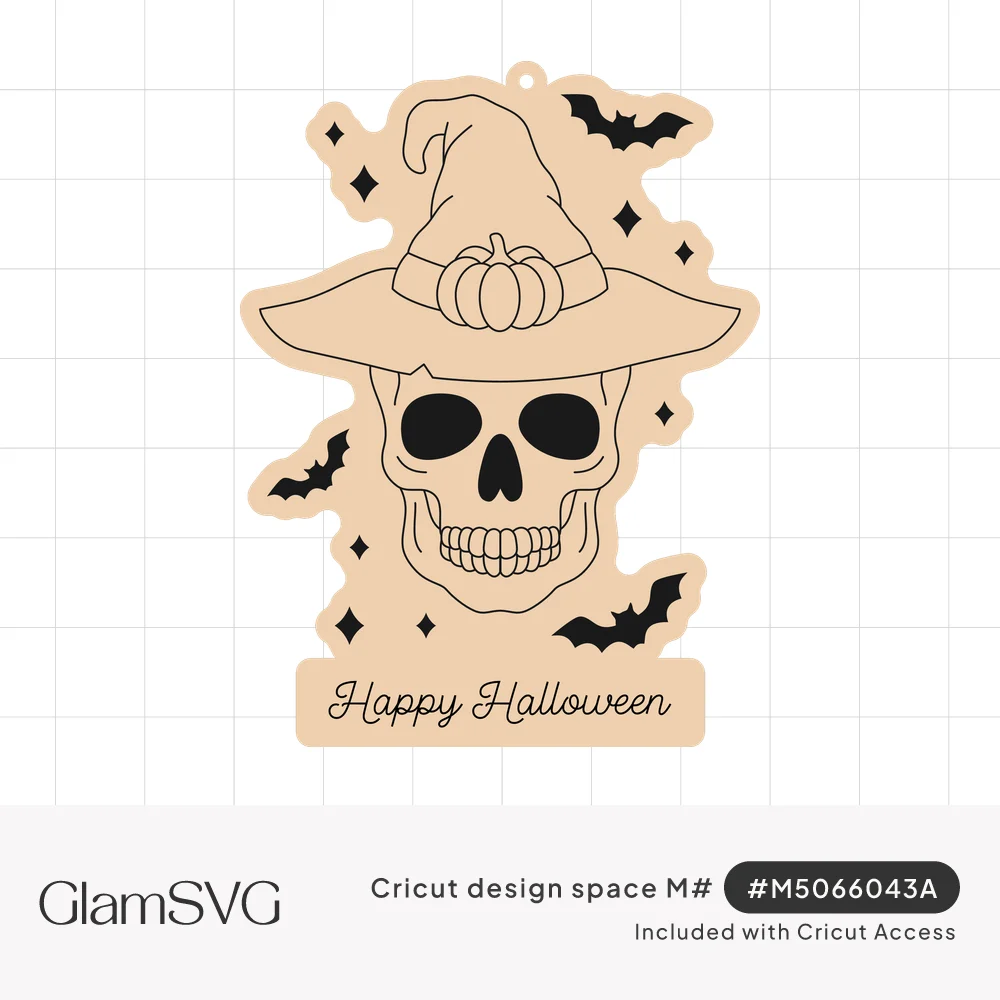 Skull wearing a witch hat with a pumpkin band, surrounded by bats and sparkles, above a Happy Halloween script plaque