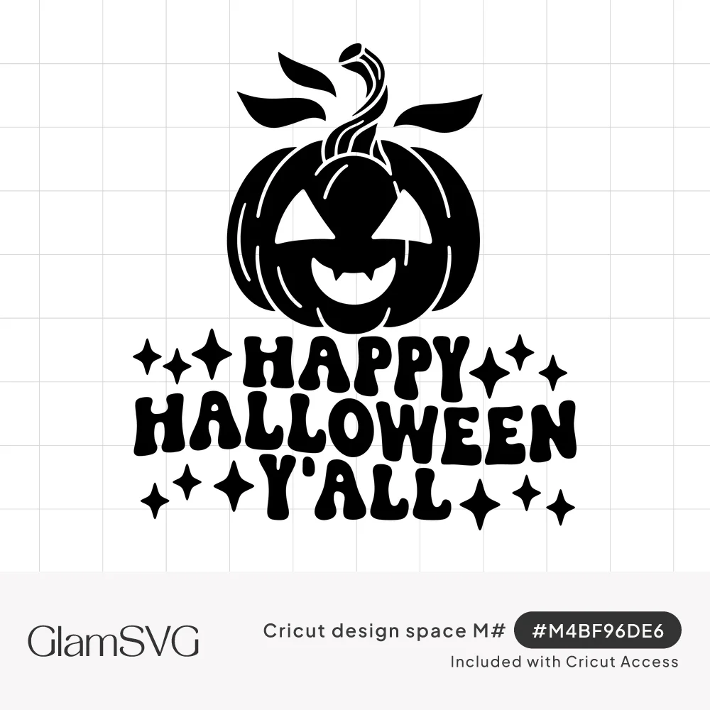 Black jack-o'-lantern with curly stem above wavy retro text reading Happy Halloween Y'all surrounded by small stars
