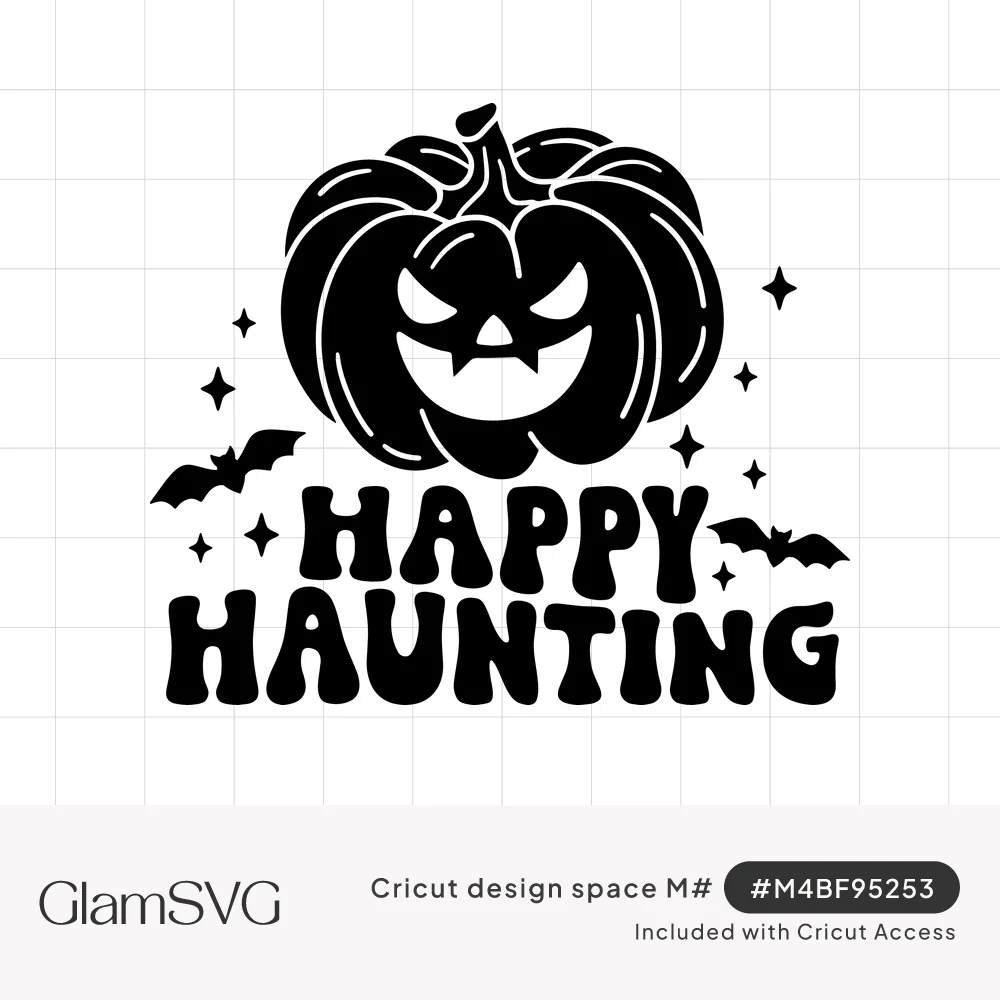Black jack-o'-lantern with an evil grin above wavy Happy Haunting lettering, with bats and sparkle stars around it