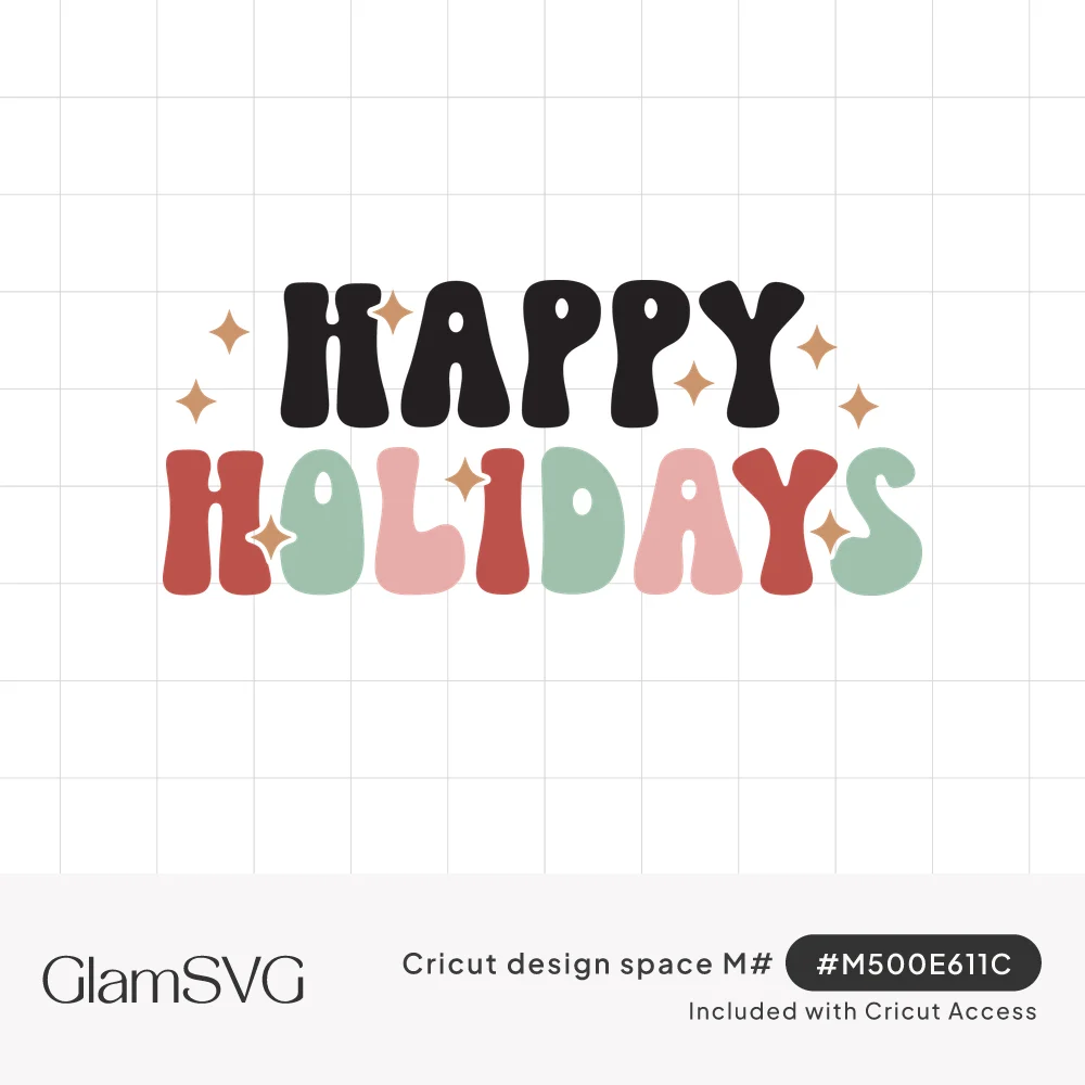 Groovy bubble letters reading Happy Holidays in black, red, pink, and sage green with small tan sparkles