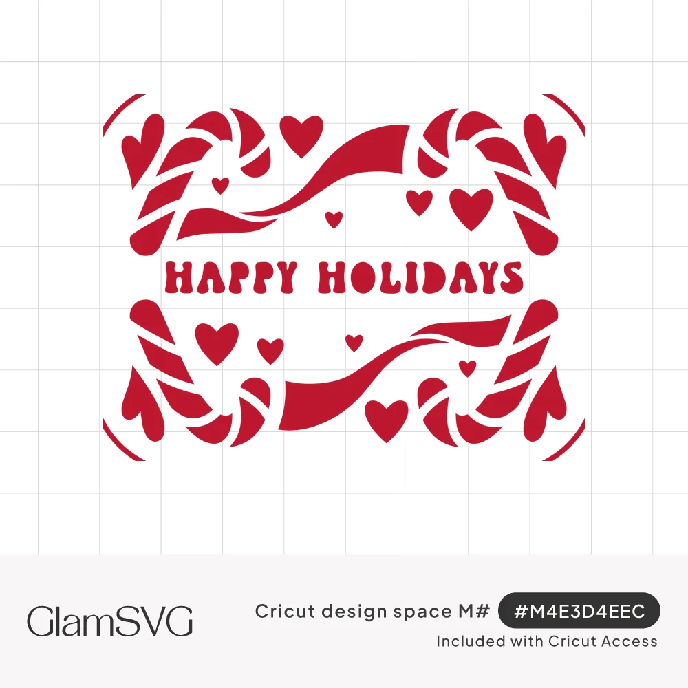 Red Happy Holidays lettering framed by mirrored candy canes, flowing ribbons and hearts in a bold cut-paper style
