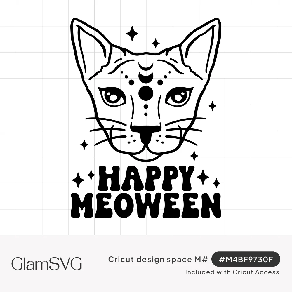 Line art cat face with crescent moon forehead markings and stars above bold groovy Happy Meoween text
