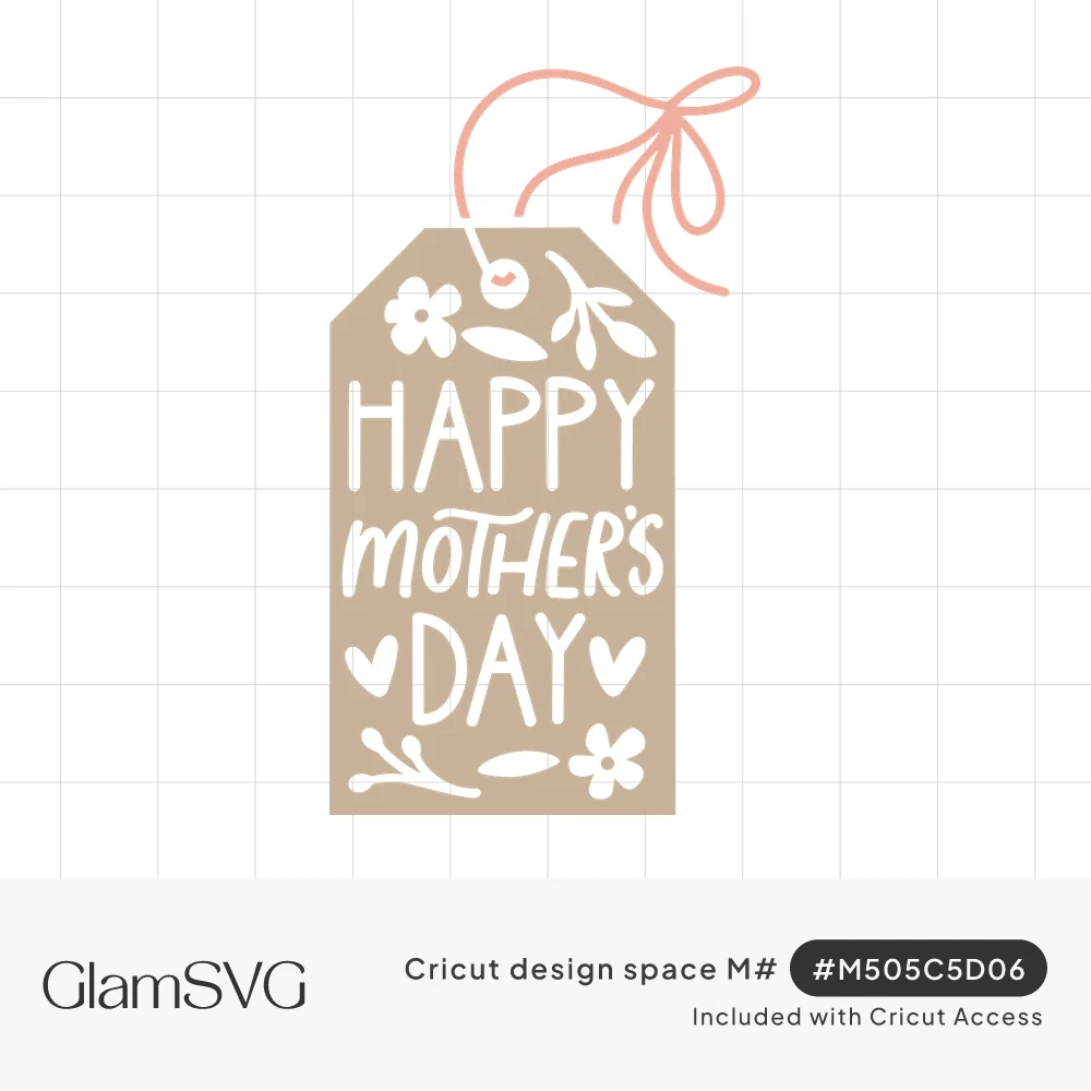 Kraft gift tag with pink string bow and cut-out Happy Mother's Day lettering surrounded by small flowers, leaves and hearts