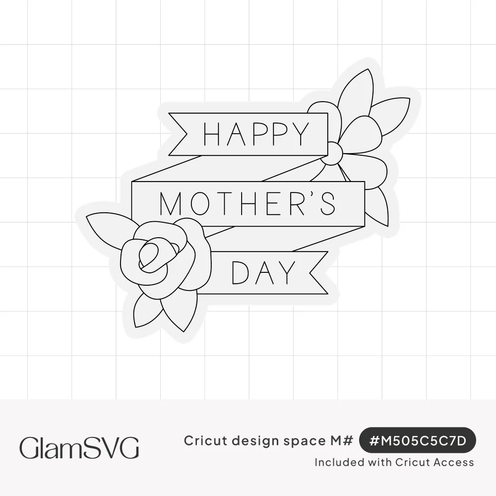 Outline drawing of a folded ribbon banner reading Happy Mother's Day with a rose and a flower with leaves