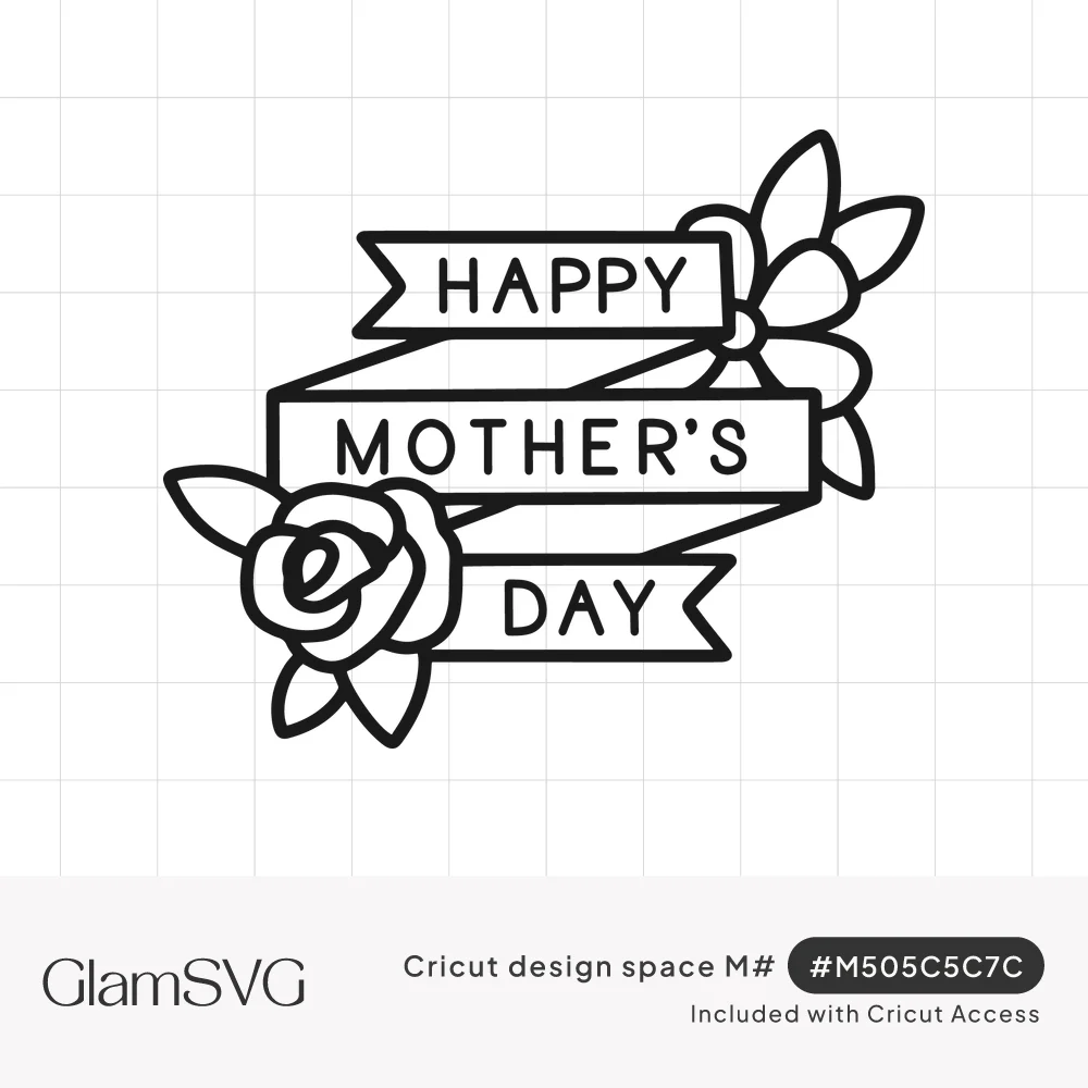 Line art ribbon banner reading Happy Mother's Day with a rose and leaves at the bottom left and a flower at the top right