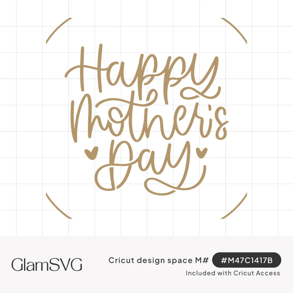 Gold hand-lettered script reading Happy Mother's Day with small hearts beside Day, inside a thin circular outline