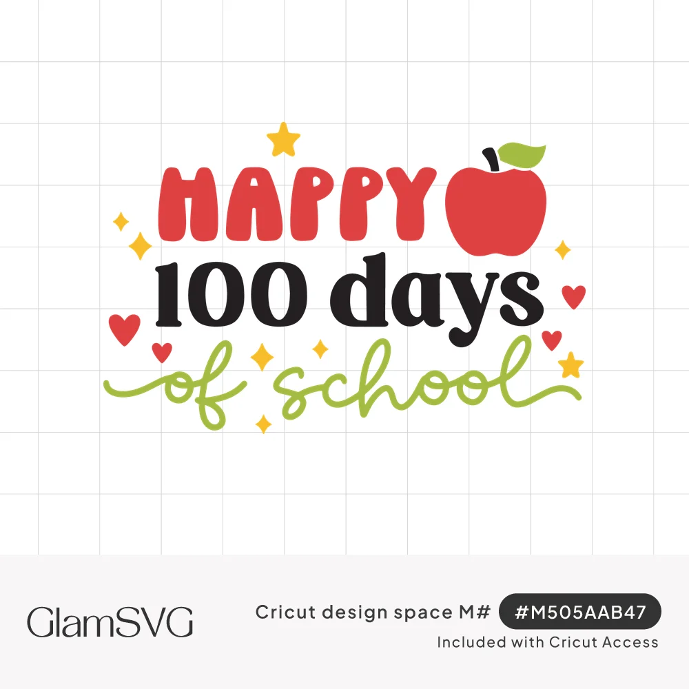 Happy 100 days of school lettering in red, black and green script with a red apple, gold stars and red hearts