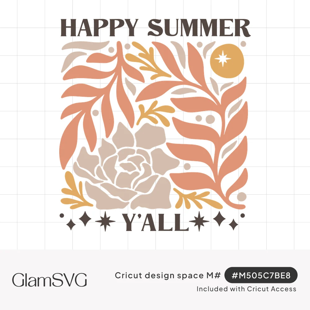Happy Summer Y'all text with boho terracotta leaves, a blush rose, mustard sprigs and a small sun in a square layout