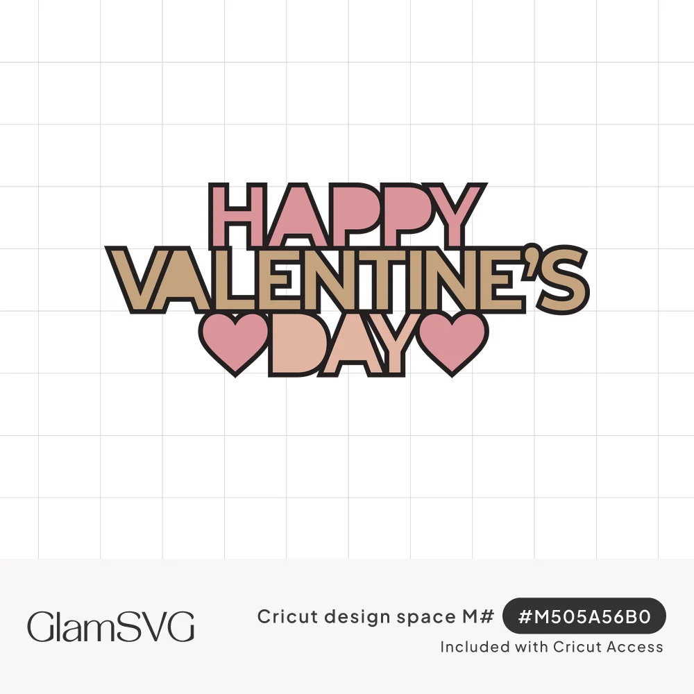 Bold outlined Happy Valentine's Day lettering in pink and tan with two pink hearts beside the word Day