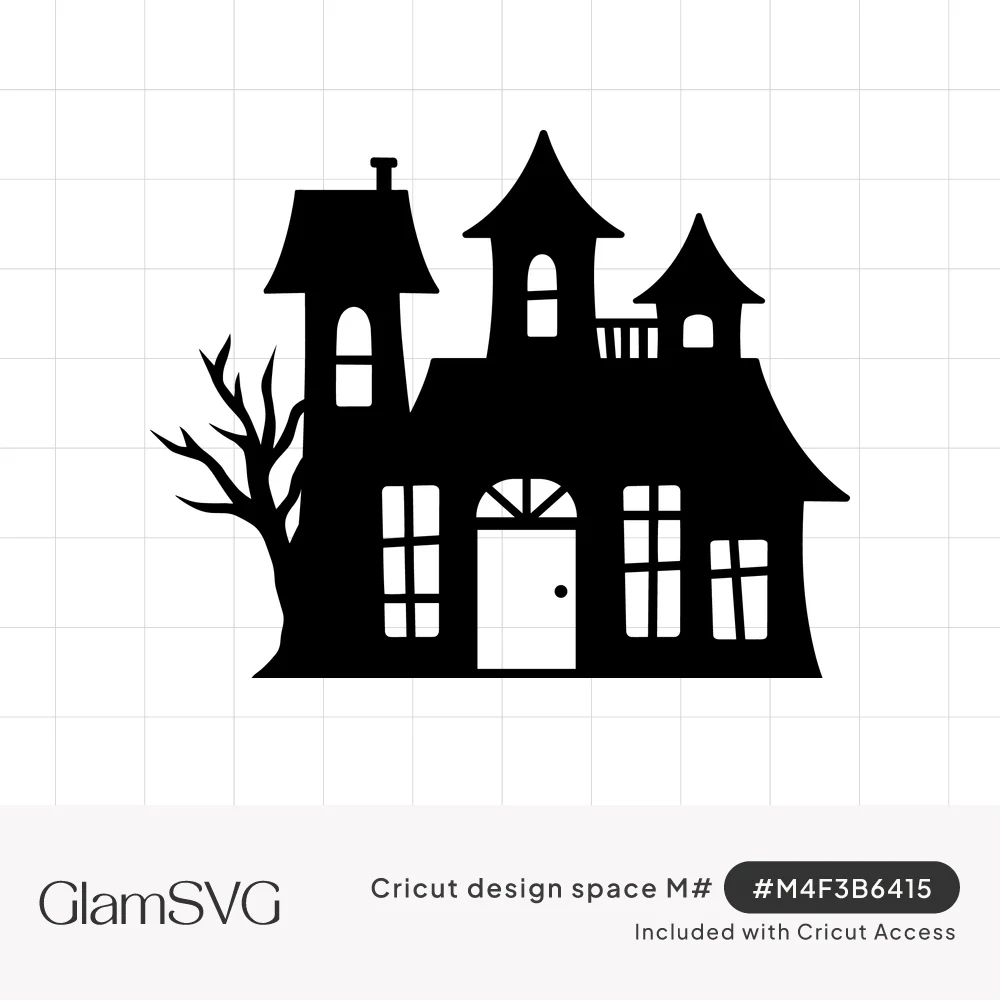 Black silhouette of a crooked haunted house with pointed towers, arched windows, a balcony and a bare twisted tree