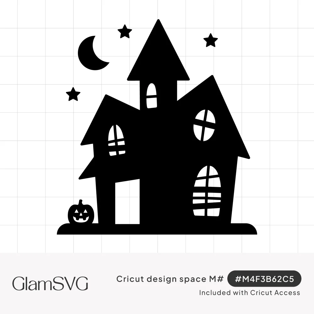 Black silhouette of a crooked haunted house with a crescent moon, stars and a small jack-o'-lantern