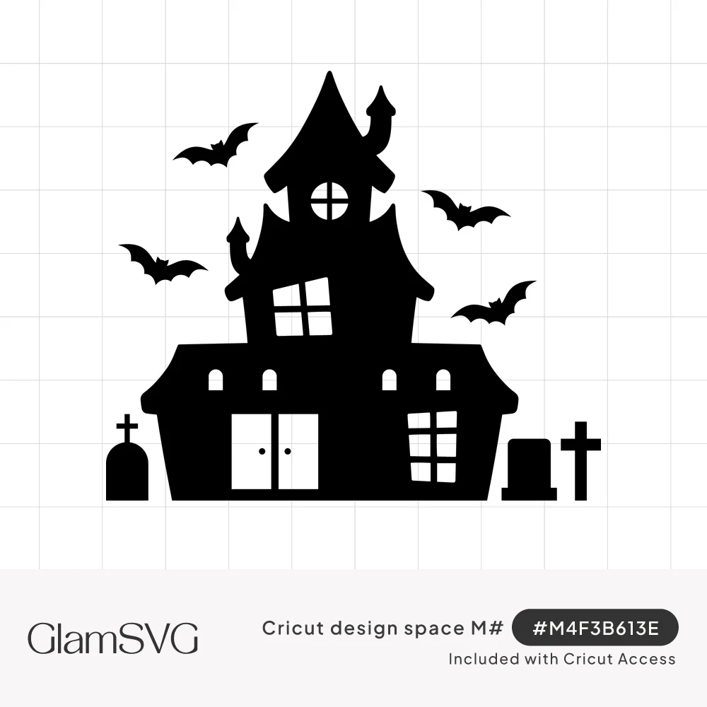 Black silhouette of a crooked haunted house with bats flying around it and tombstones with crosses on either side