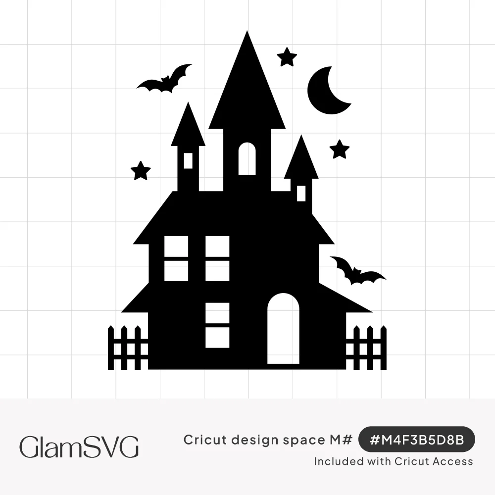 Black silhouette of a spired haunted house with picket fence, two bats, a crescent moon and stars
