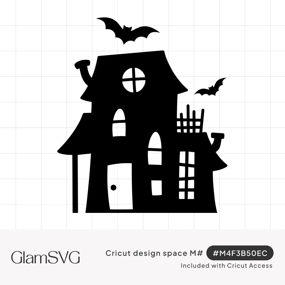 Black silhouette of a crooked haunted house with cutout windows, a small door and two bats flying overhead