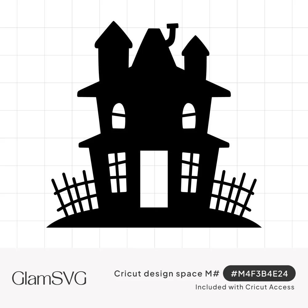 Black silhouette of a haunted house with two towers, crooked chimney, lit windows and broken fences on a hill