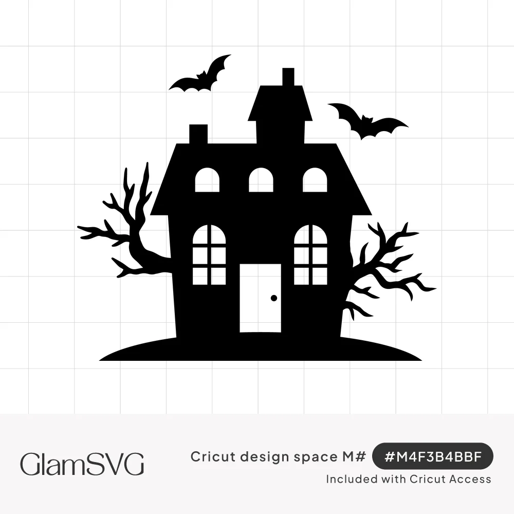 Black silhouette of a haunted Victorian house on a hill with bare twisted trees and two bats flying overhead