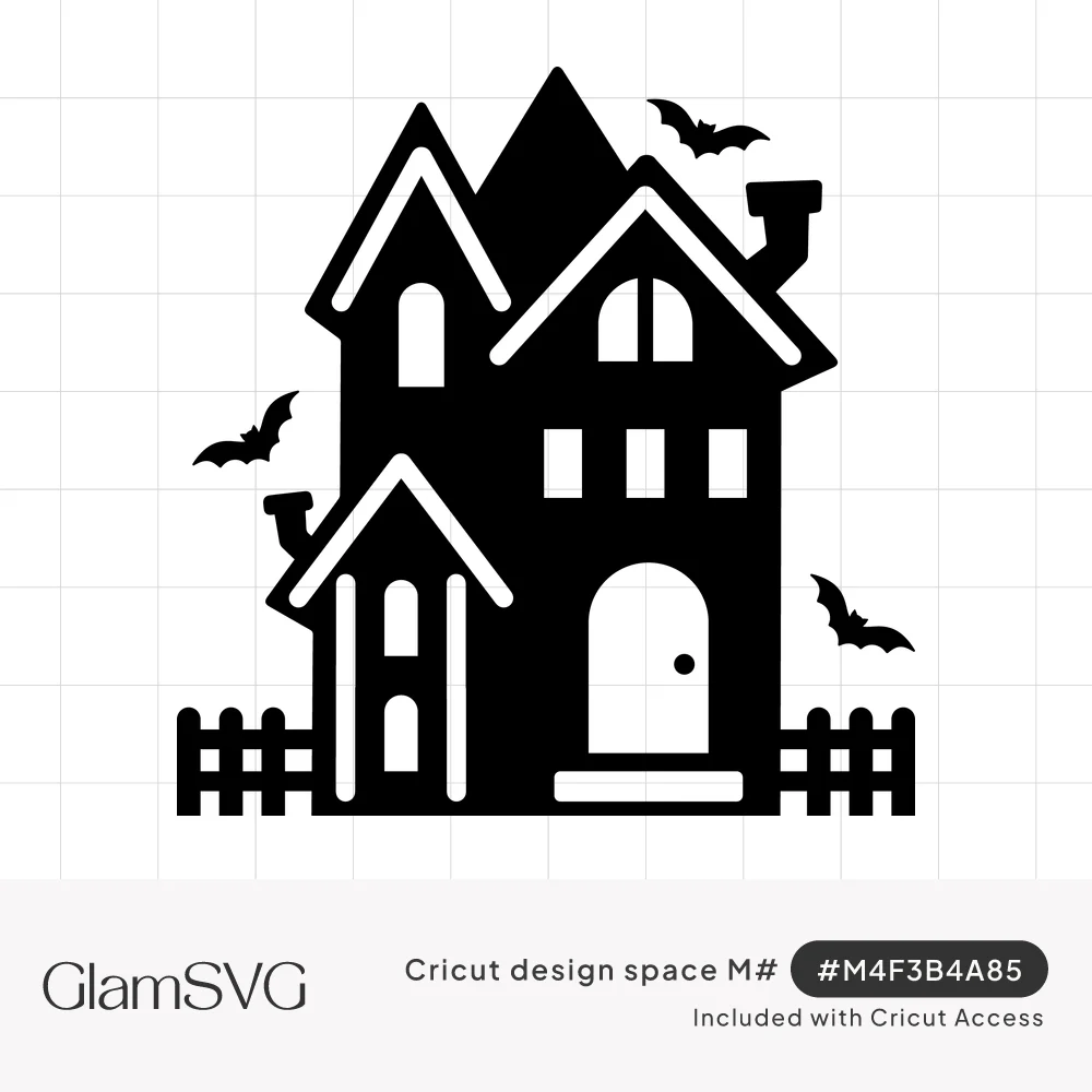 Black silhouette of a haunted house with gabled roofs, arched windows, chimneys, a picket fence and flying bats