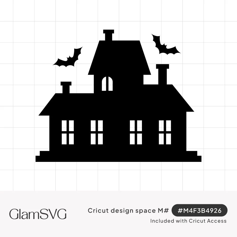 Black silhouette of a haunted house with a center tower, chimneys, white cut-out windows and two bats flying above