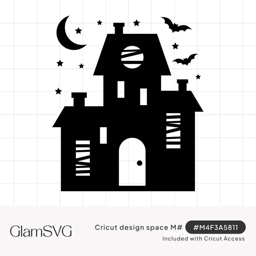 Black silhouette of a haunted house with boarded windows, arched door, crescent moon, stars and flying bats