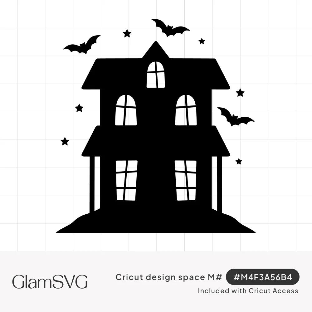 Black silhouette of a Victorian haunted house on a hill with arched windows, flying bats and small stars