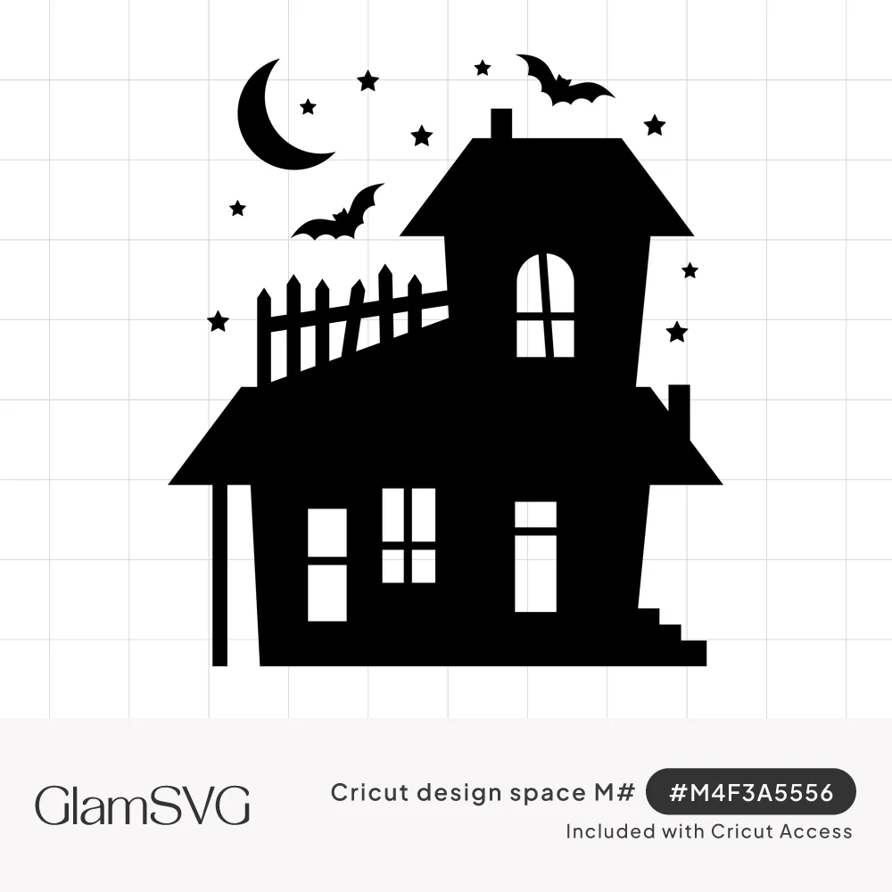Black silhouette of a crooked haunted house with a tower, picket fence, bats, stars and a crescent moon
