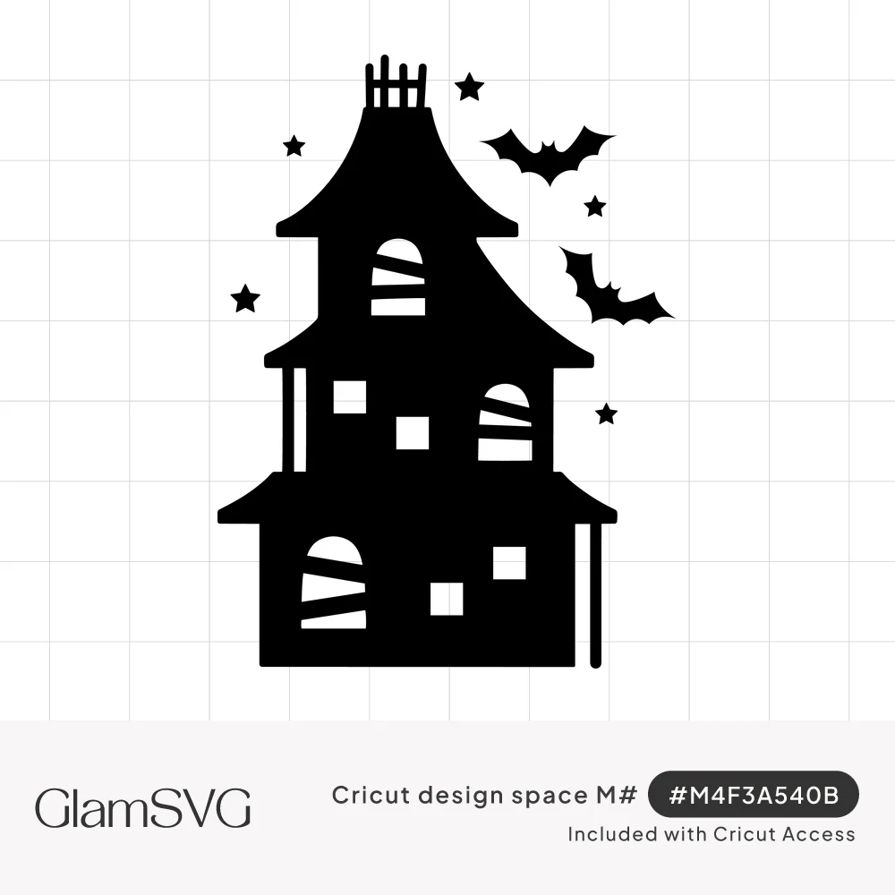 Black silhouette of a tall haunted house with boarded arched windows, two flying bats and small stars