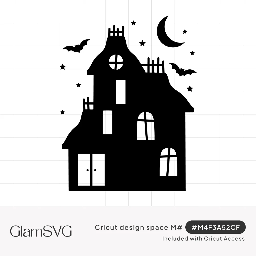 Black silhouette of a Victorian haunted house with cutout windows, two bats, stars and a crescent moon