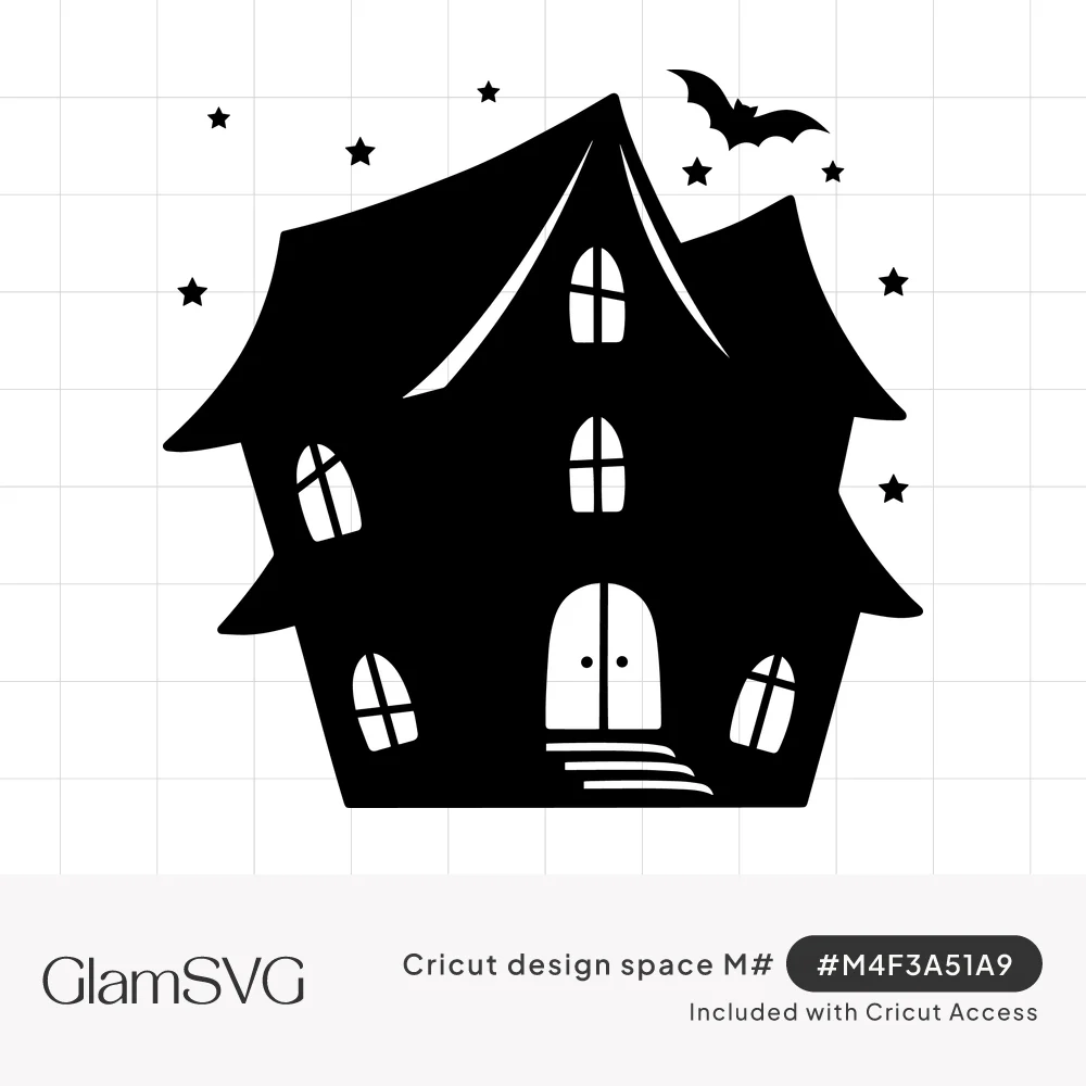 Black silhouette of a crooked haunted house with arched white windows, front steps, a flying bat and small stars