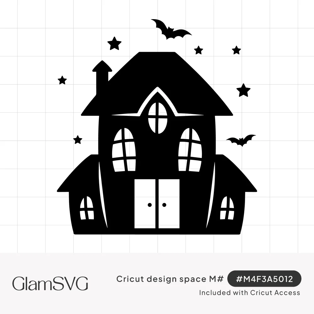 Black silhouette of a haunted house with arched windows and double doors, surrounded by flying bats and stars